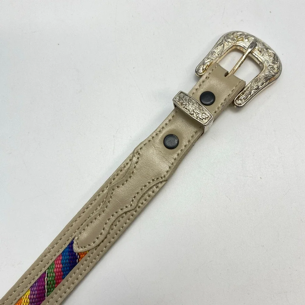 Vintage Southwest Style Belt Engraved‎ Buckle Rainbow Woven Fabric Beige Leather